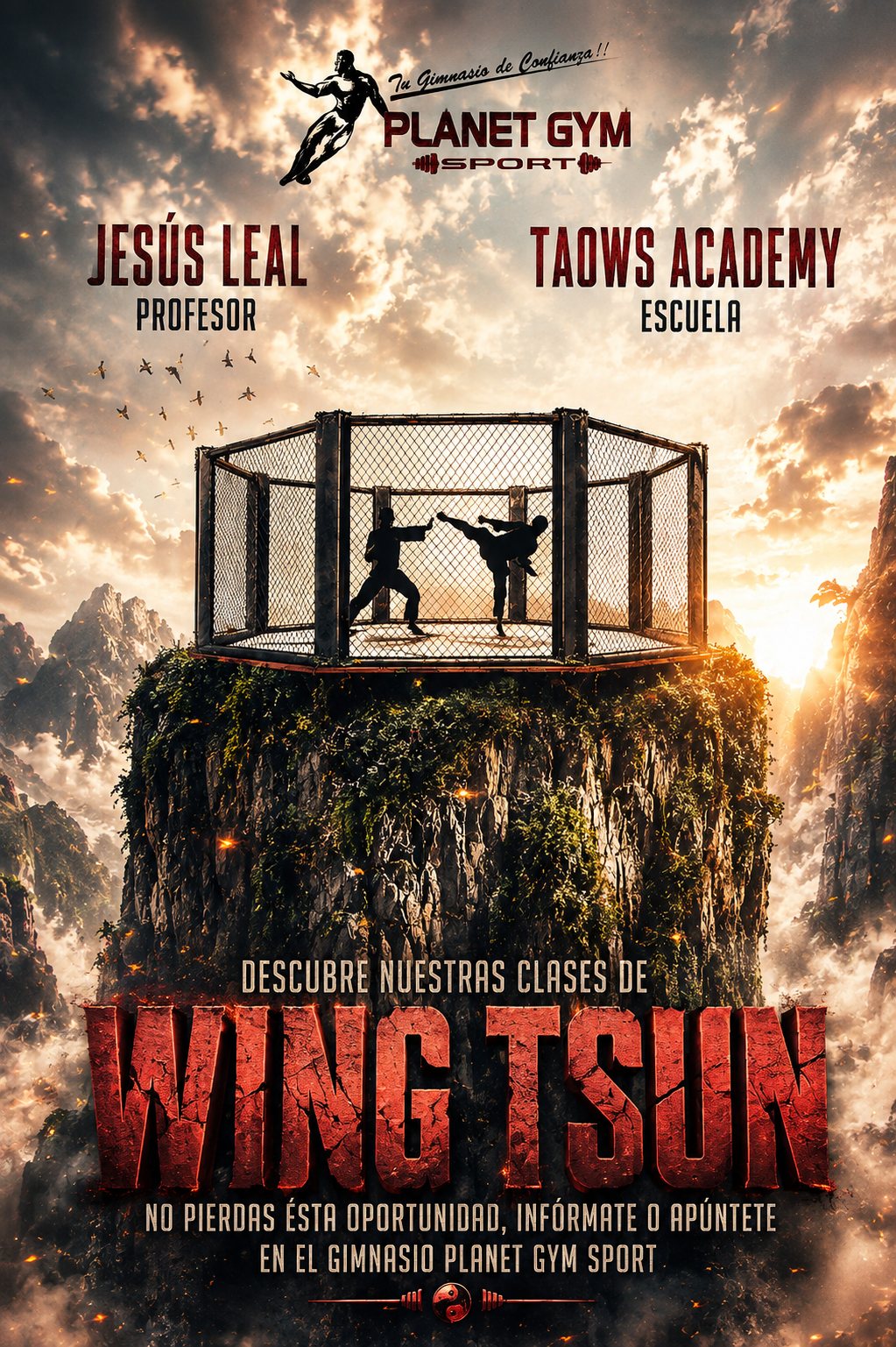 Cartel de clases de Wing Tsun en Planet Gym Sport: jaula de combate sobre un pico de montaña entre nubes al amanecer, con el título en letras rojas agrietadas