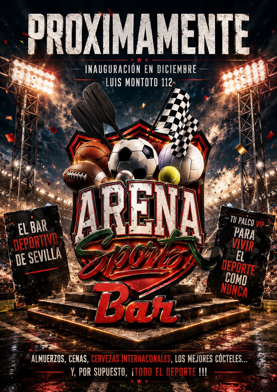 Cartel de apertura de Arena Sports Bar en Sevilla: escudo con balones de varios deportes, letras con textura de piedra y focos de estadio