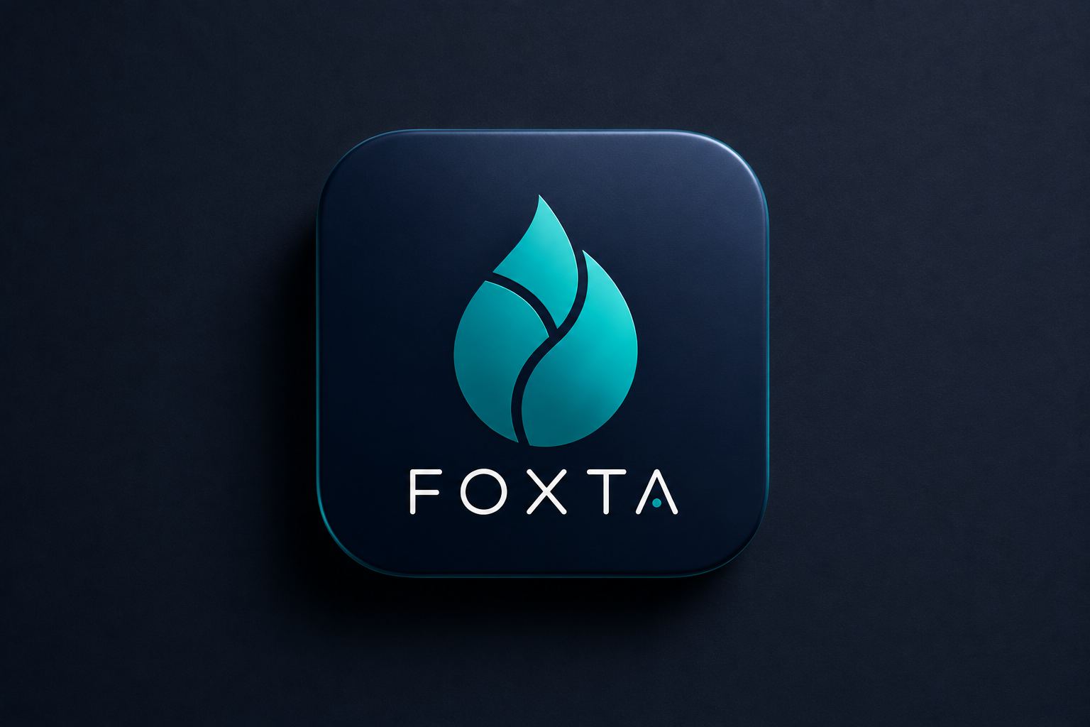 Icono de aplicación de Foxta: la gota turquesa y el nombre sobre un cuadrado azul oscuro con esquinas redondeadas