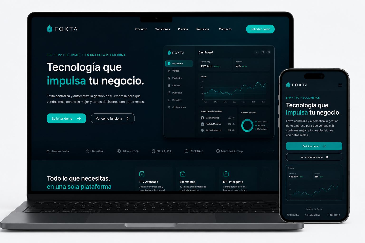 Web de Foxta en portátil y móvil: landing con el titular Tecnología que impulsa tu negocio y el dashboard del ERP con ventas del día, pedidos y gráfica semanal