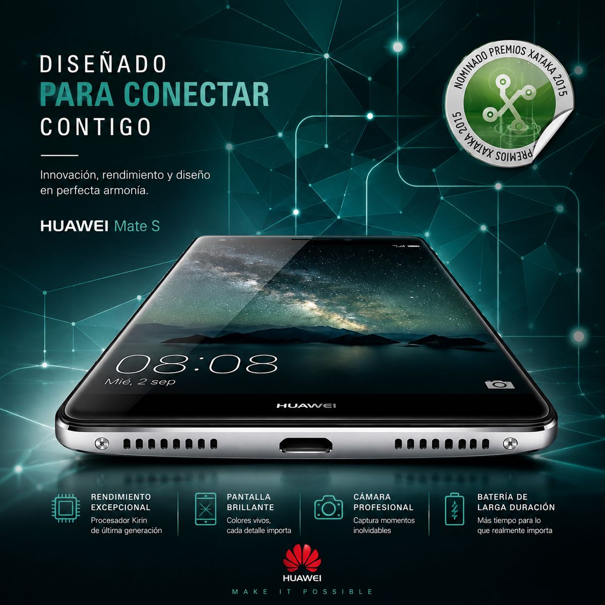 Pieza de social media del Huawei Mate S sobre una malla de nodos conectados, con el claim Diseñado para conectar contigo y el sello de nominado a los Premios Xataka 2015