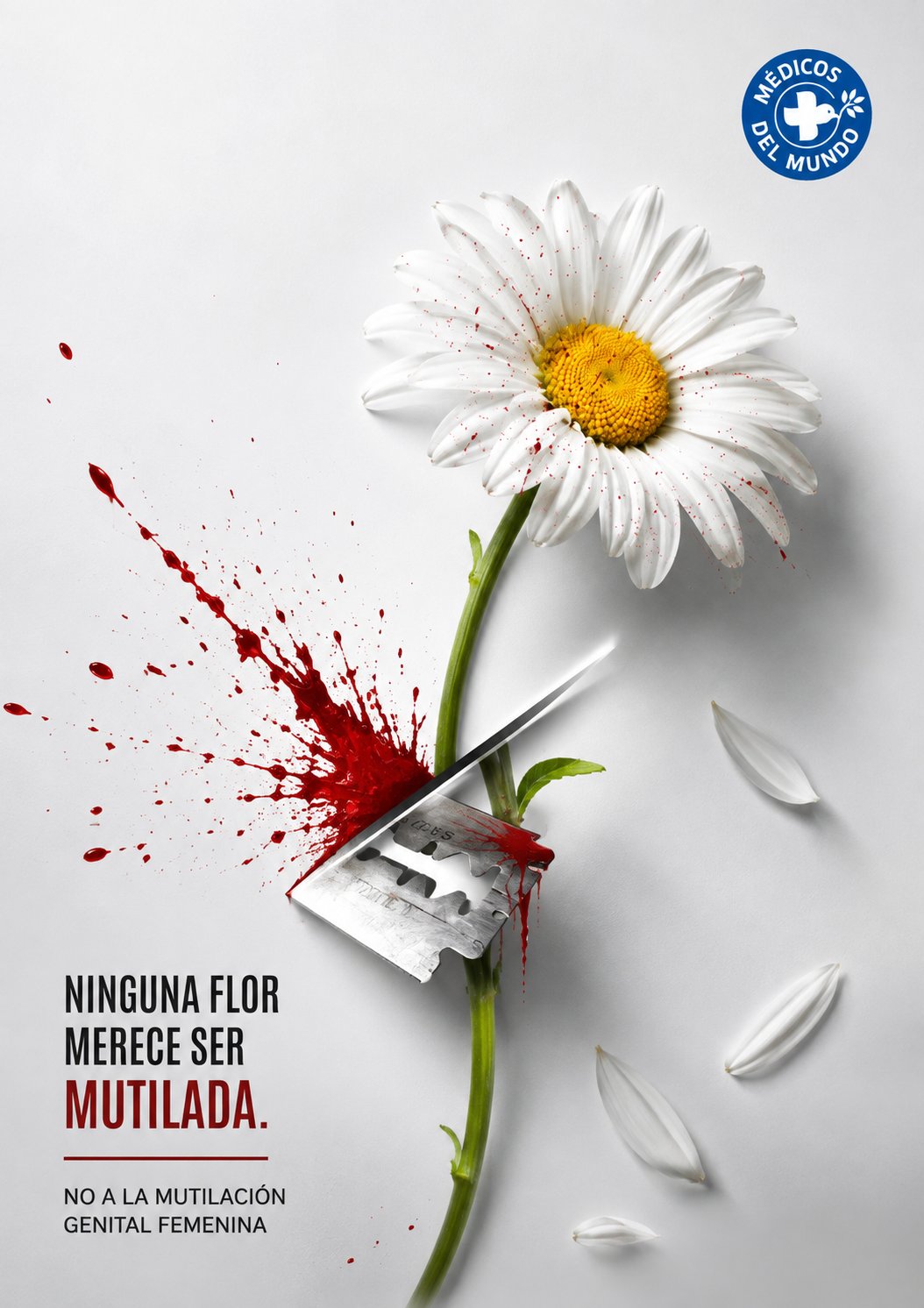 Cartel contra la mutilación genital femenina con una margarita blanca seccionada por una cuchilla, salpicaduras de sangre y pétalos desprendidos en el suelo