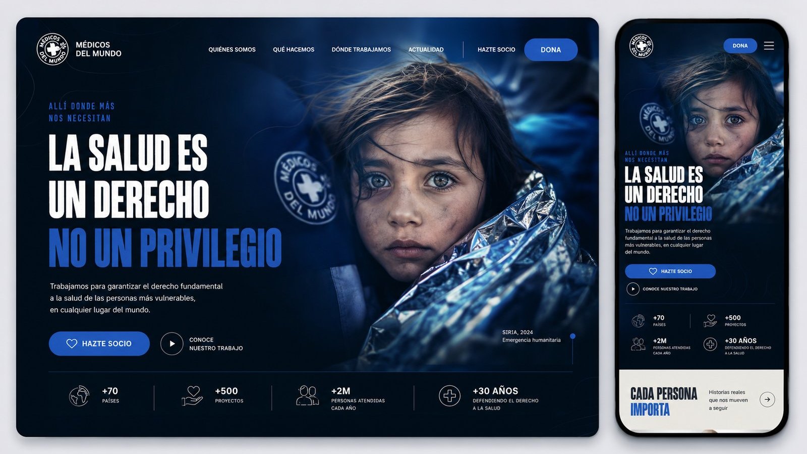 Cabecera de la web de Médicos del Mundo con el titular La salud es un derecho, no un privilegio sobre la fotografía de una niña envuelta en una manta térmica