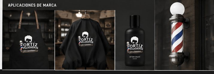 Aplicaciones de marca de Ortiz Peluqueros: delantal de barbero, capa de corte, bote de after shave y poste de barbero iluminado