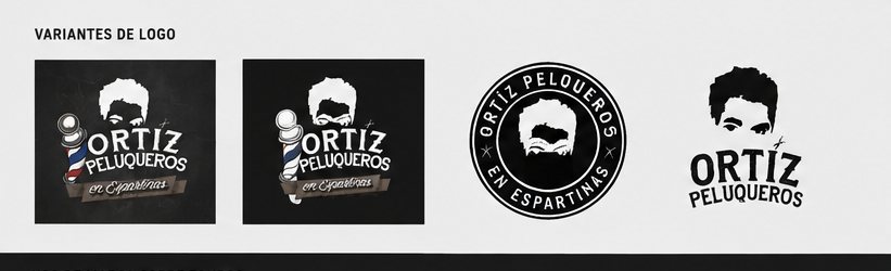 Cuatro variantes del logotipo de Ortiz Peluqueros, incluida una versión de sello y otra simplificada