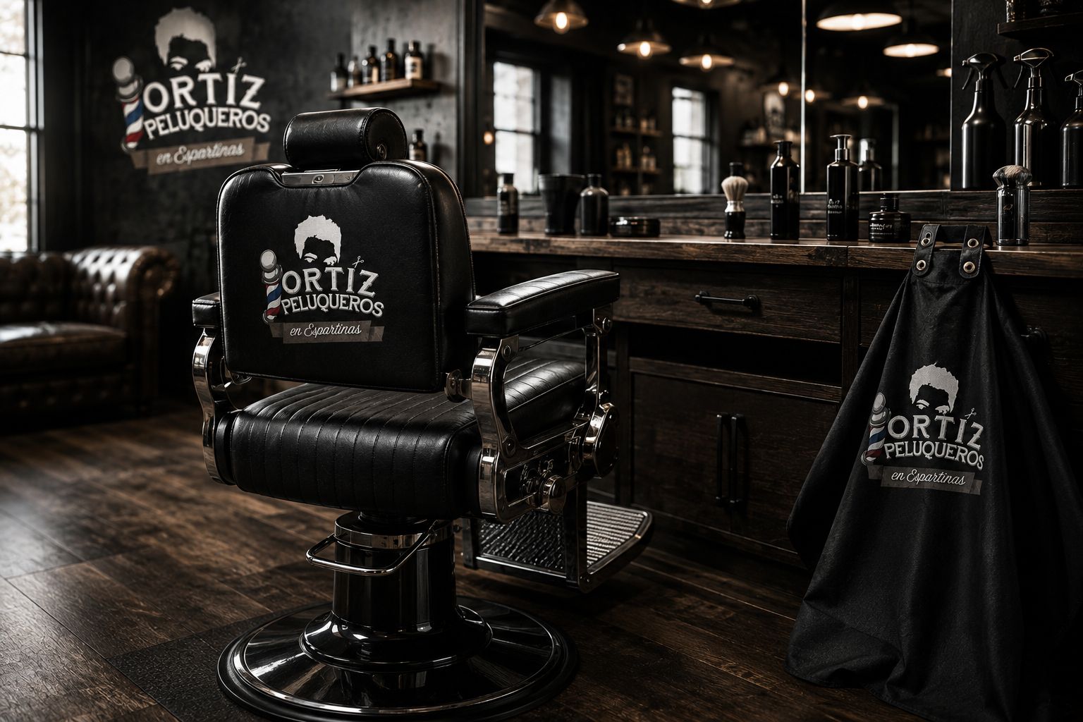 Interior de la barbería Ortiz Peluqueros: sillón de barbero de cuero negro con el logotipo bordado en el respaldo, mural con la marca en la pared, mostrador de madera oscura y capa de corte colgada