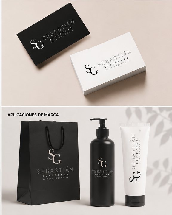 Aplicaciones de marca: tarjetas de visita en negro y blanco, bolsa de papel, dosificador y tubo de producto capilar