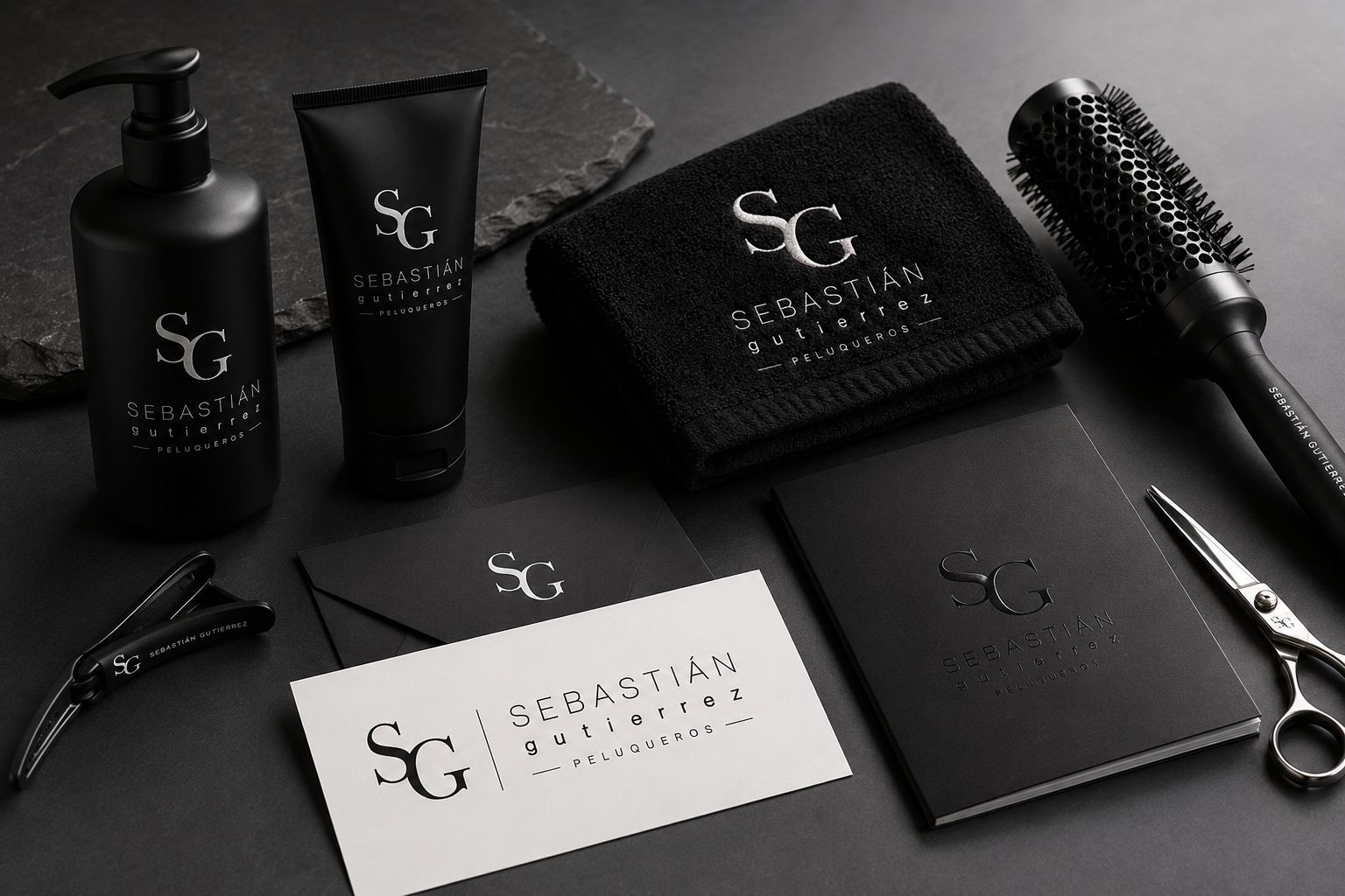 Bodegón de marca de Sebastián Gutiérrez sobre fondo negro: dosificador y tubo de producto, toalla bordada, cepillo, pinza, sobre, tarjetas de visita, cuaderno y tijeras
