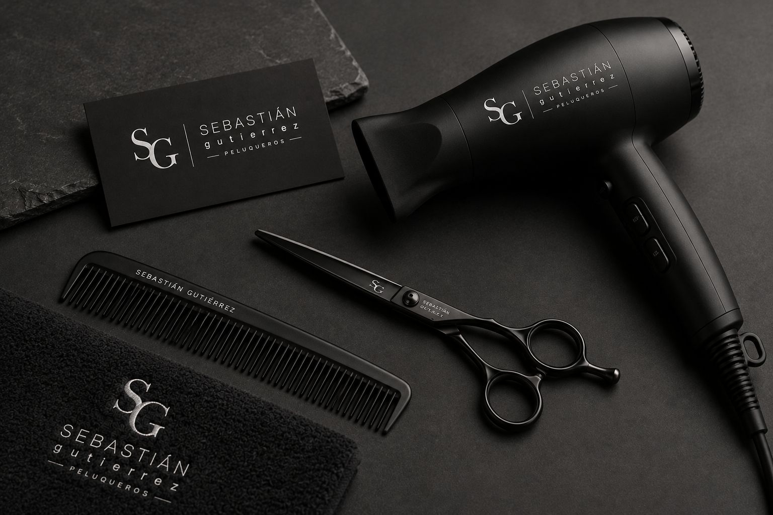 Secador, tijeras, peine y toalla de Sebastián Gutiérrez, todos en negro con el monograma grabado o bordado