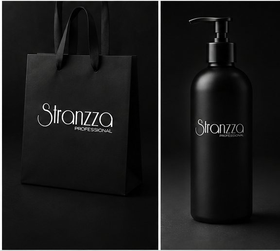 Aplicaciones de marca de Stranzza Professional: bolsa de papel negra y envase dosificador negro con el logotipo en blanco