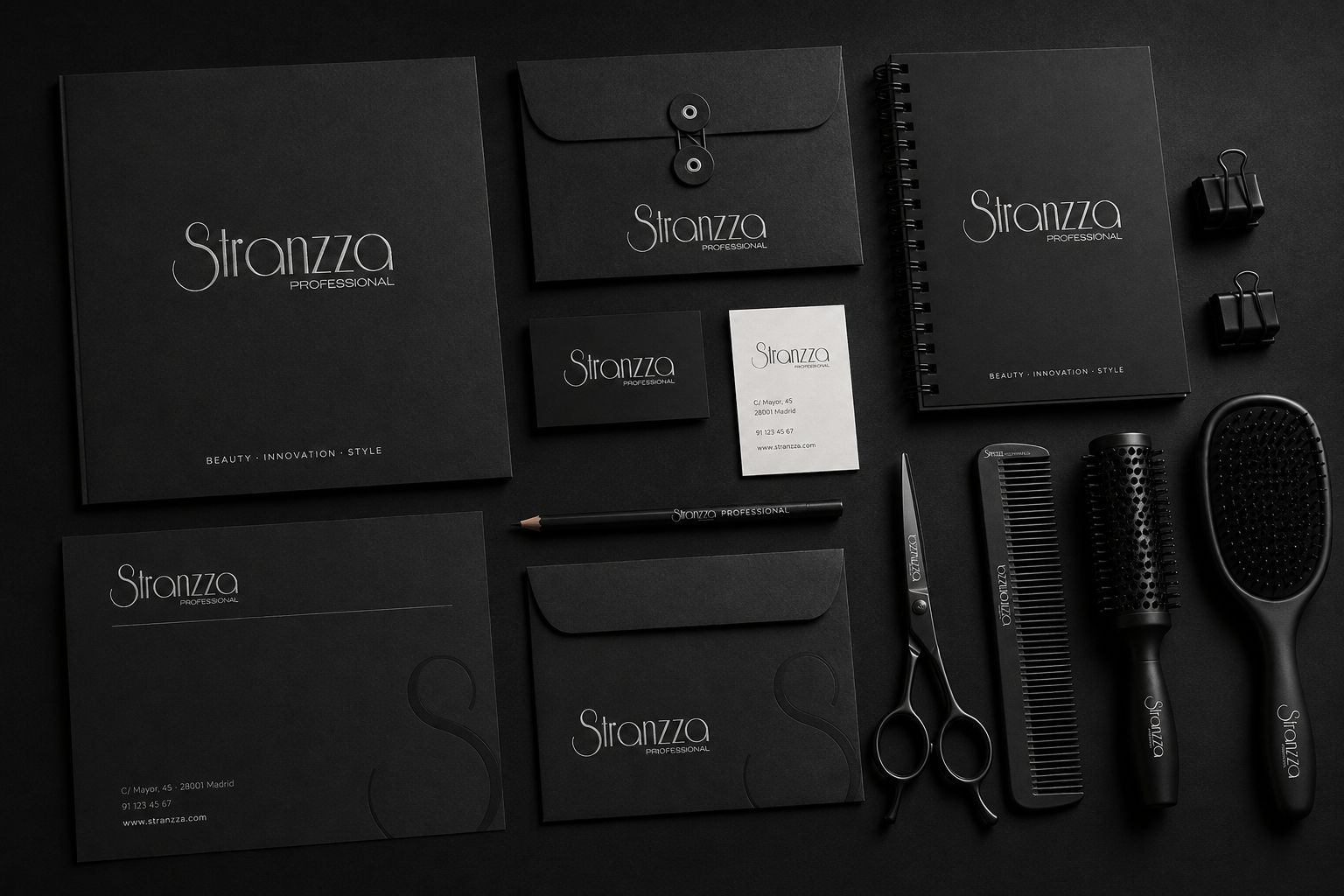 Papelería de Stranzza Professional sobre fondo negro: catálogo, sobres, cuaderno de anillas, tarjetas de visita, lápiz y herramienta de peluquería en negro