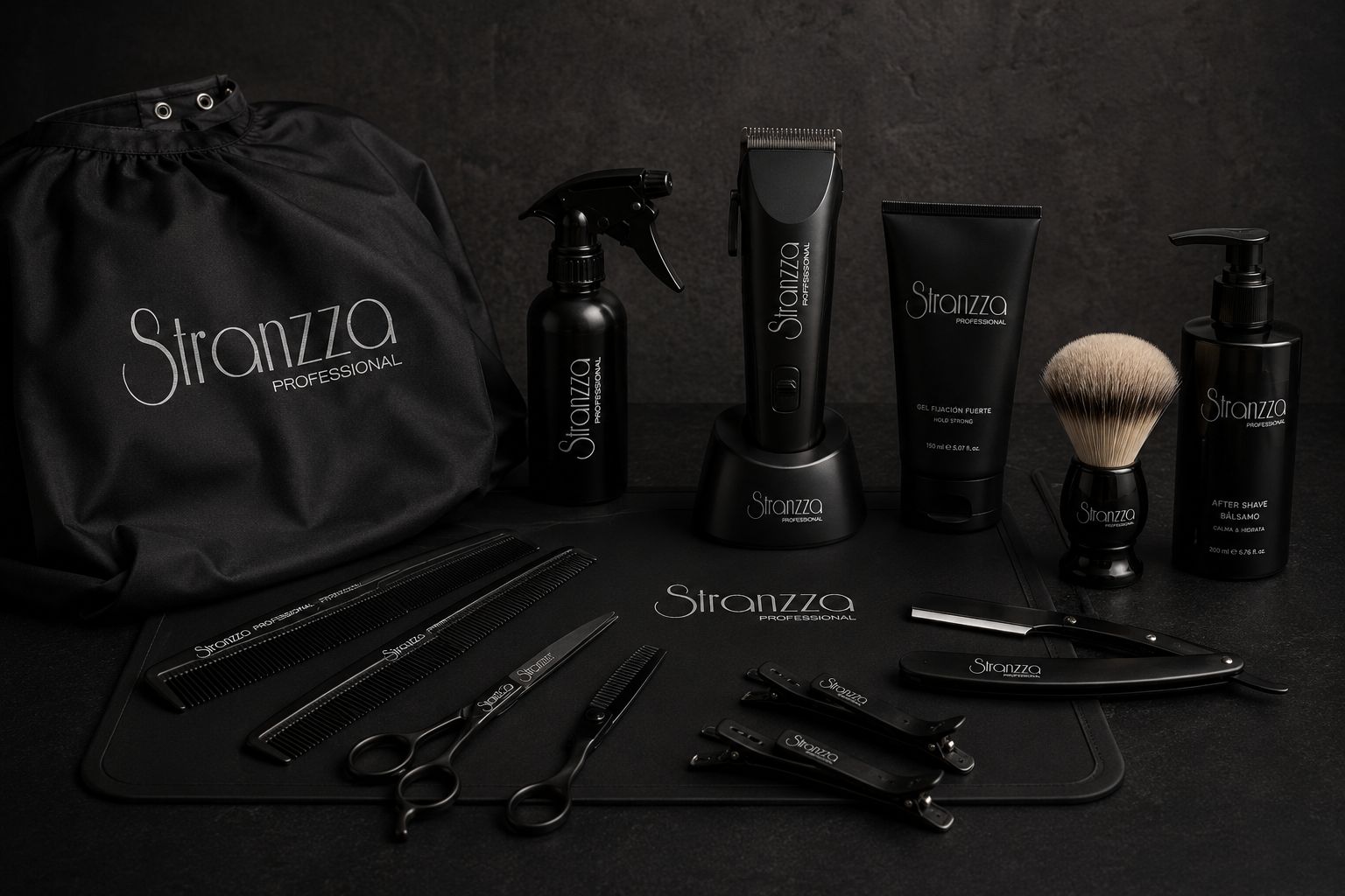Línea profesional de Stranzza: máquina de corte, pulverizador, gel de fijación, brocha, after shave, peines, tijeras, navaja y mochila, todo en negro mate