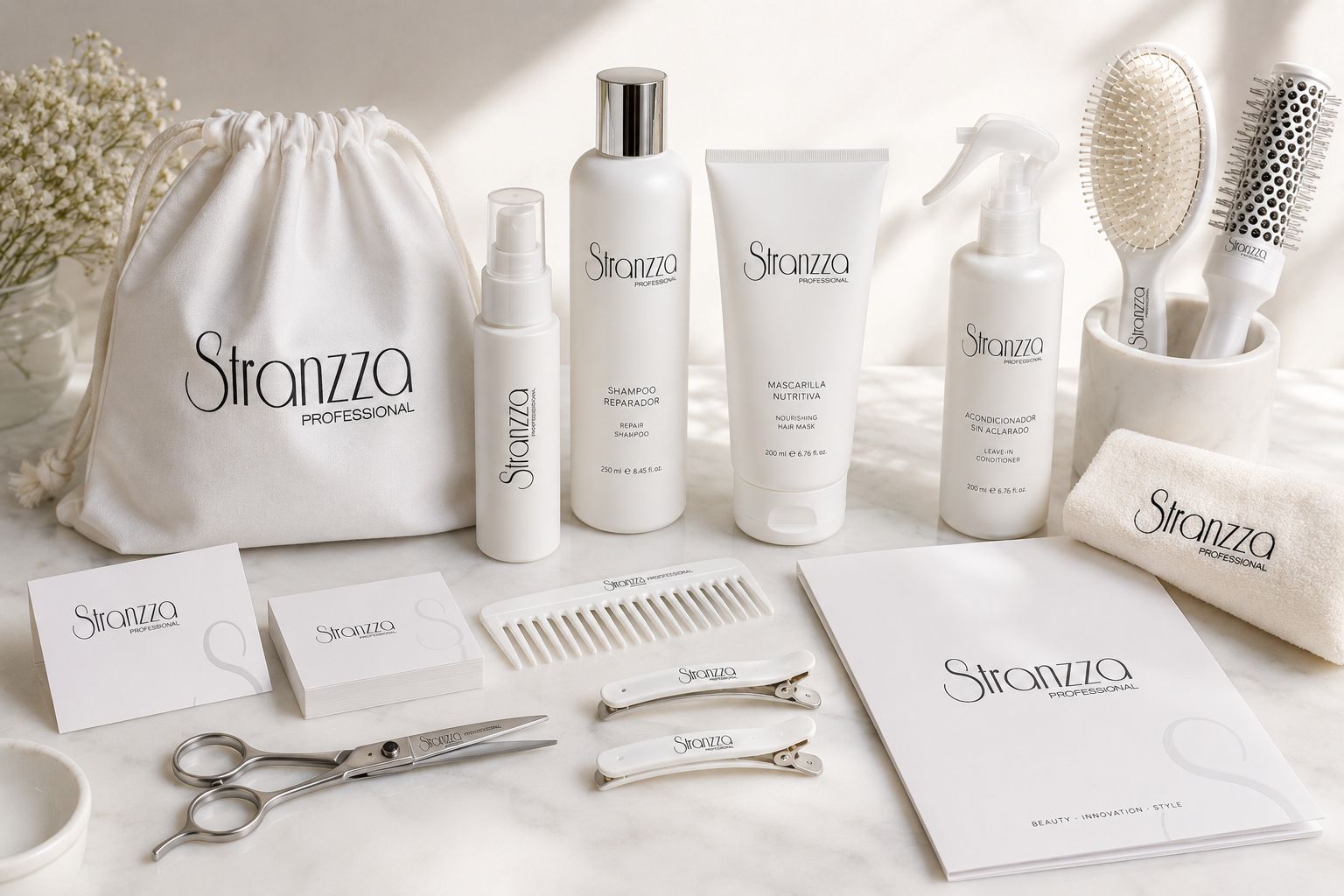 Línea de cuidado capilar de Stranzza en blanco sobre mármol: champú reparador, mascarilla nutritiva, acondicionador sin aclarado, cepillos, peine, pinzas, toalla y catálogo