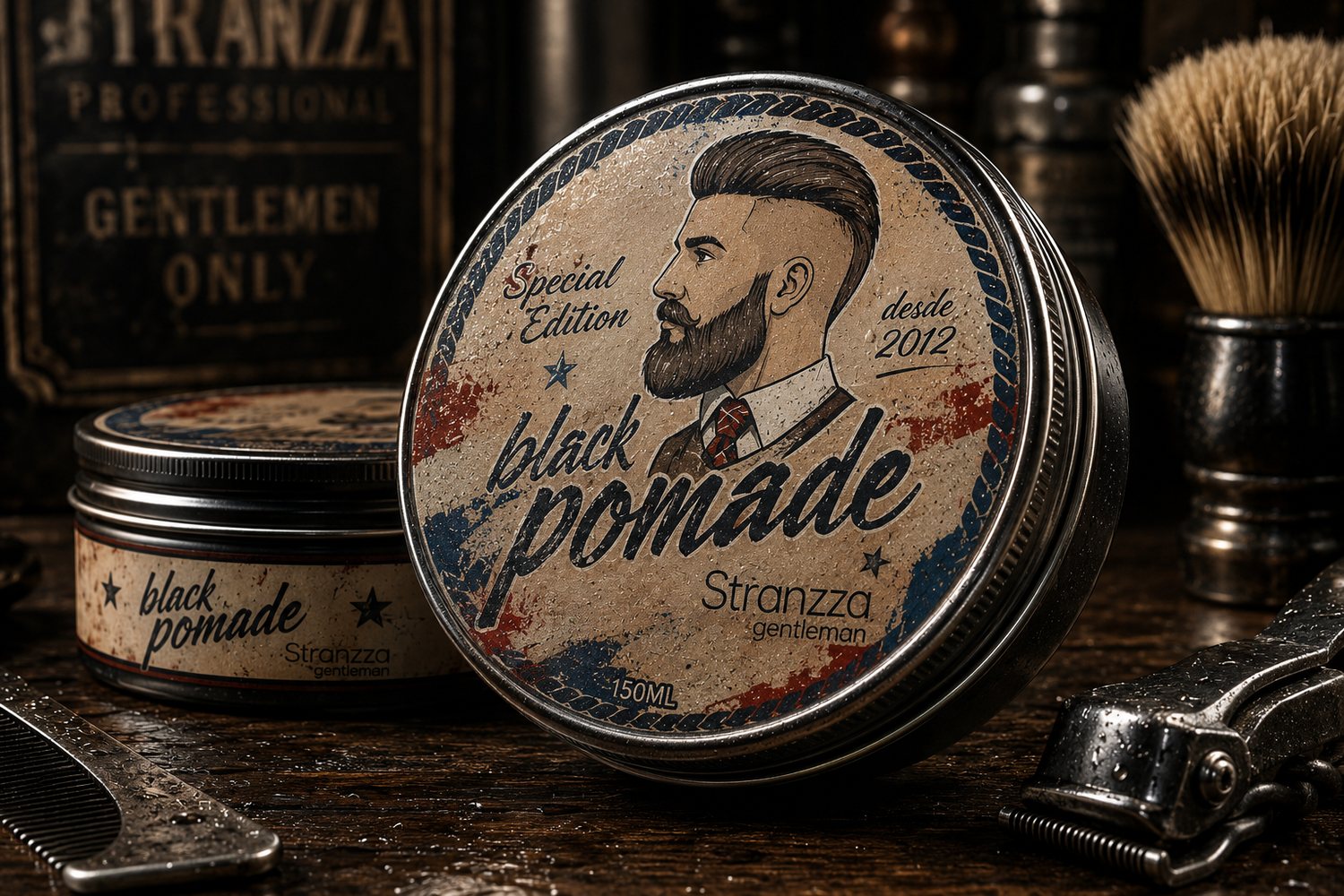 Lata de Black Pomade de Stranzza Gentleman, edición especial de 150 ml, con ilustración de un caballero barbudo, poste de barbería y papel envejecido, sobre una mesa de madera con navaja, peine y brocha