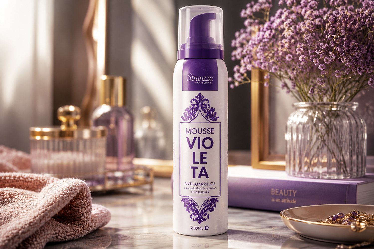 Envase de Mousse Violeta anti-amarillos de Stranzza Professional, blanco con cenefa damasquinada en violeta, sobre mármol con toalla rosa y flores secas