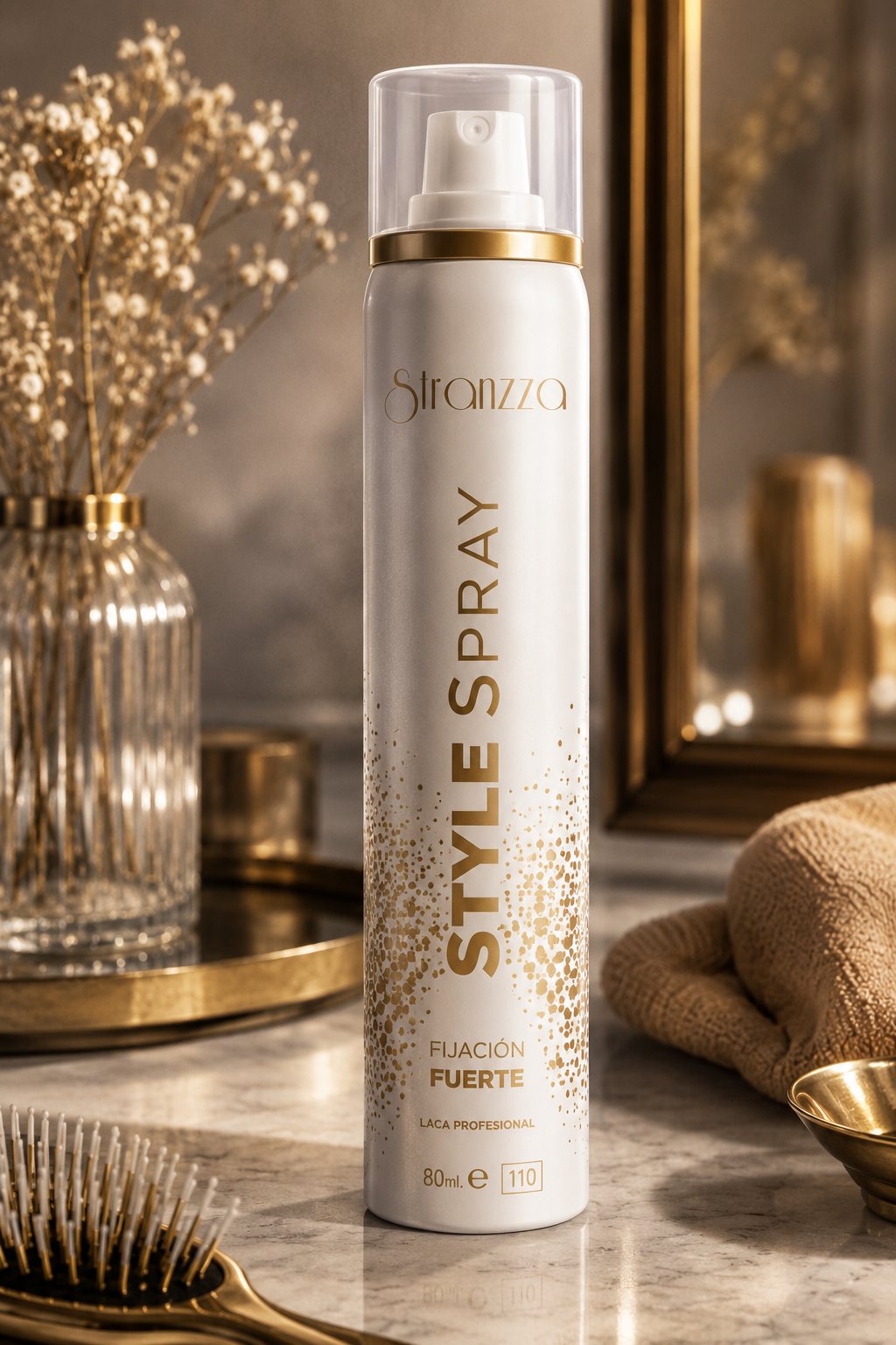 Laca profesional Style Spray de Stranzza, envase blanco con degradado de puntos dorados y anilla dorada, sobre mármol con cepillo y cuenco dorados