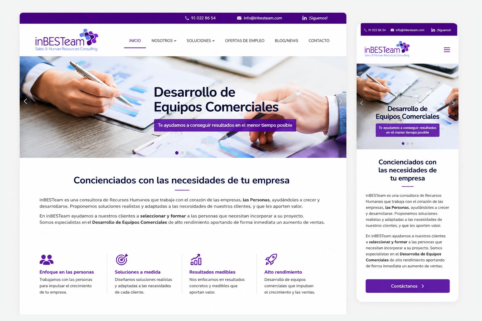 Home de inBESTeam, consultora de recursos humanos, con carrusel de fotografía de contexto y cuatro valores, en versión escritorio y móvil