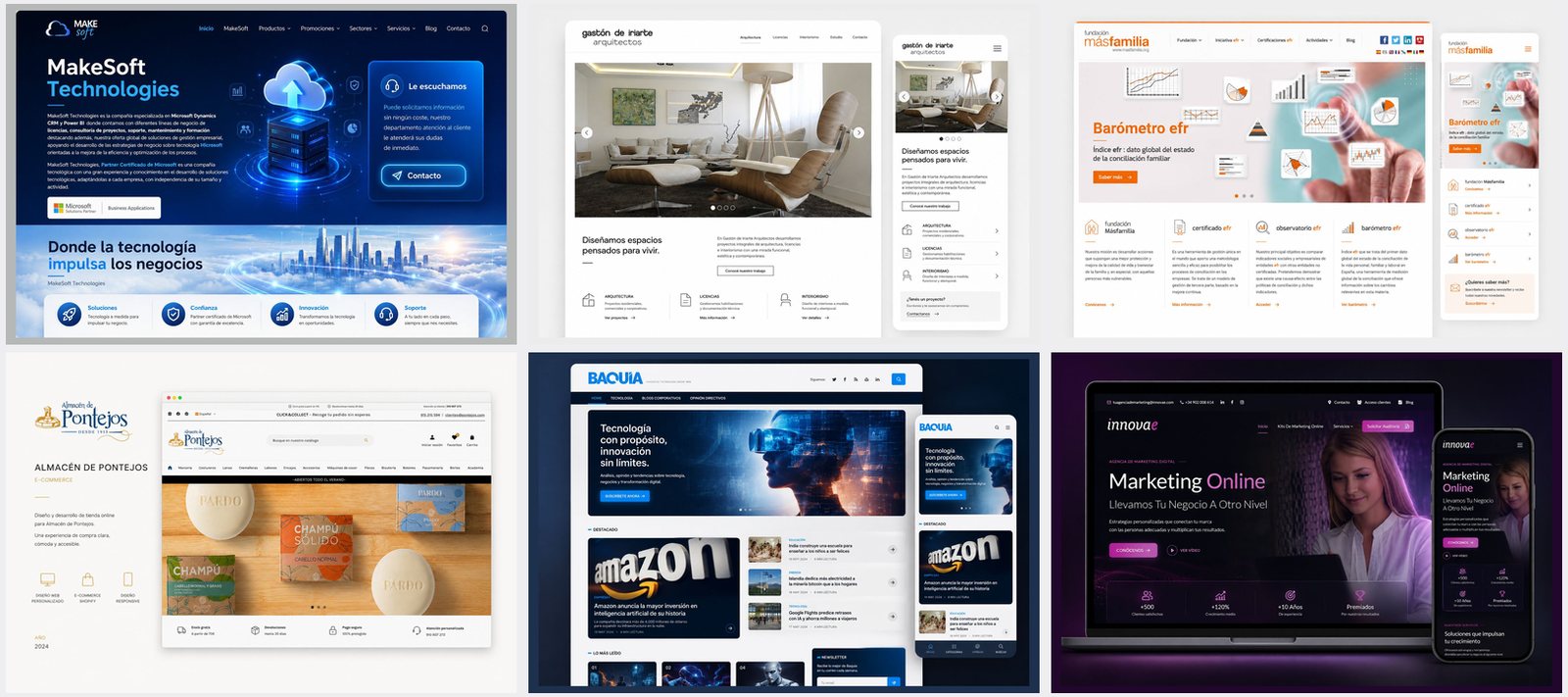 Mosaico con las home de seis de las webs: MakeSoft, Gastón de Iriarte, Fundación Másfamilia, Almacén de Pontejos, Baquía e Innovae