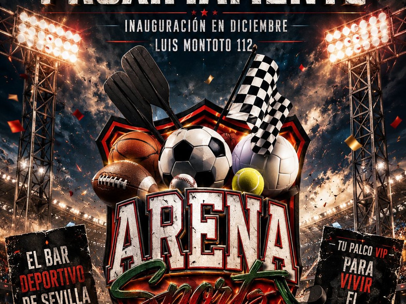 Cartel de apertura de Arena Sports Bar con escudo de balones y focos de estadio