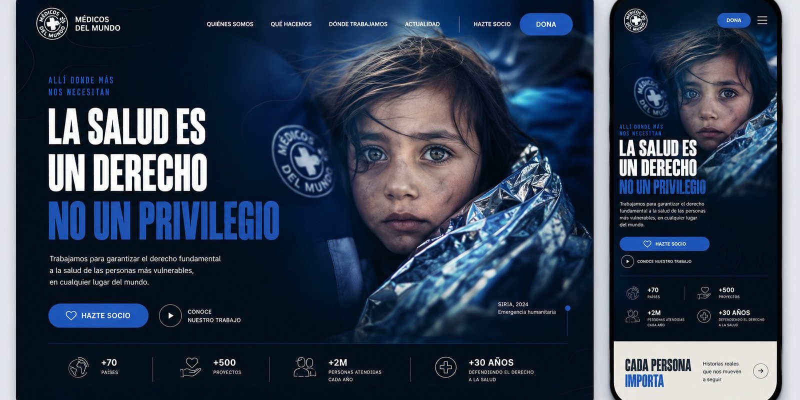 Cabecera de la web de Médicos del Mundo con el titular La salud es un derecho, no un privilegio
